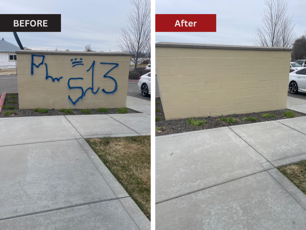 Before and after image of graffiti removal on a exterior wall