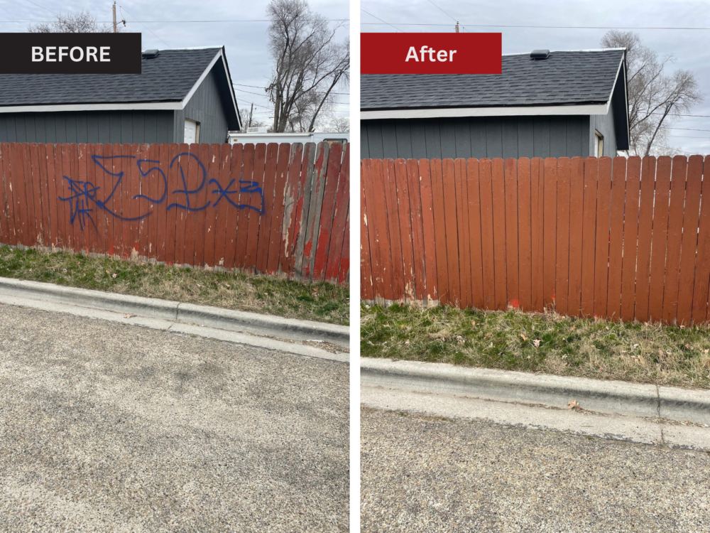 Before and After fence restoration graffiti removal